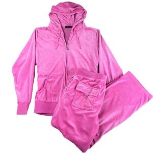 Womens Velour Pink Tracksuit Hooded Top Pants Comfy Lounge Barbiecore Size XL